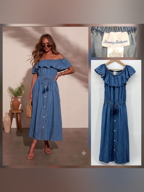 Tommy Bahama Dresses & Skirts - Tommy Bahama Blue Off-Shoulder Button-Front Maxi Dress